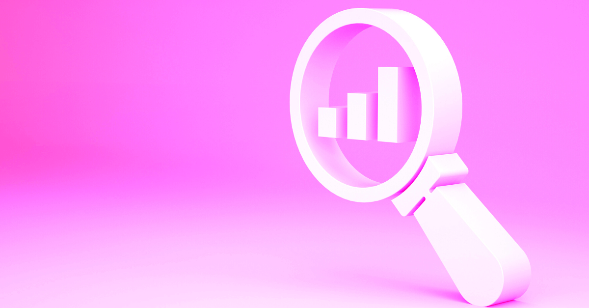 Pink Magnifying glass icon with data chart inside