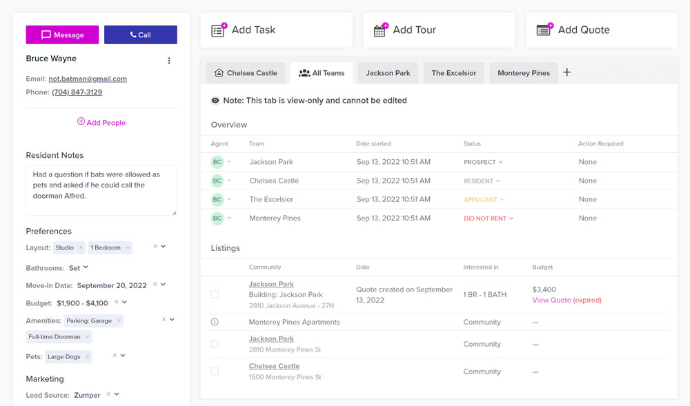 Multifamily CRM centralized leasing dashboard