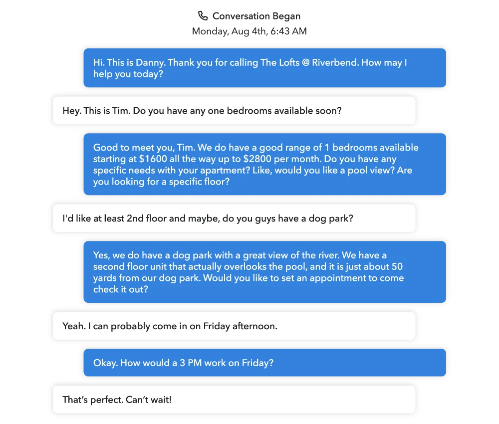Phone transcript of a back-and-forth conversation that results in a tour being scheduled
